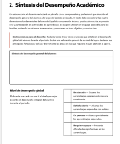 Una plantilla de informe académico en español con secciones para resumir el rendimiento de los estudiantes, que incluye cuadros de texto para la síntesis general, el nivel de rendimiento global y descripciones para cuatro niveles de rendimiento: destacado, satisfactorio, requiere apoyo e insuficiente.
