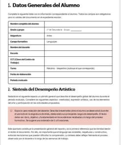 Formulario de información del alumno en español con secciones para nombre, curso, asignatura, profesor y horario. A continuación hay una sección para la síntesis de la actuación artística, que incluye un recuadro rojo con instrucciones de escritura adicionales.
