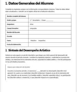 Un formulario escolar en español con secciones para información del alumno, nombre del profesor, centro, horario y un espacio para un resumen escrito del rendimiento artístico del alumno durante el periodo de evaluación.