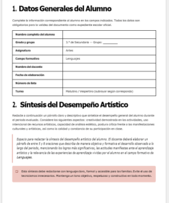 Formulario de información del alumno en español con campos para nombre, curso, grupo, asignatura, curso, nombre del profesor, número de lista y turno. A continuación hay una sección para describir la actuación artística, con instrucciones y un ejemplo.