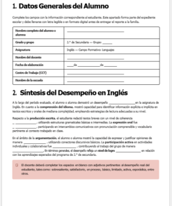 Un formulario de informe escolar en español con secciones para información del alumno, datos del profesor y un espacio para resumir el rendimiento en inglés. Un recuadro rosa en la parte inferior da consejos para evaluar los conocimientos de inglés.