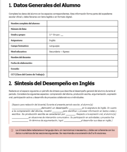 Formulario escolar en español en el que se solicita información sobre el alumno, como el nombre, el curso, la asignatura, el idioma, la escuela y los códigos. El formulario también tiene una sección para un resumen del rendimiento en inglés con instrucciones para rellenarlo.