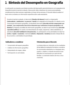 Una plantilla de comentarios en español para el rendimiento geográfico, con secciones para la narración específica del alumno, indicadores a tener en cuenta y orientación del profesor. El texto resaltado marca las áreas para personalizar con observaciones individuales.