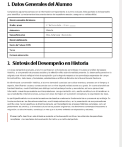 Un formulario de informe académico en español con secciones para la información del alumno, incluida la calificación, la asignatura y el centro de trabajo, seguido de un análisis detallado del rendimiento del alumno en Historia.