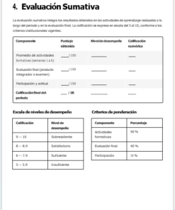 Tabla de evaluación en español que muestra los componentes, el valor en puntos y el cálculo de la nota final, además de los niveles de rendimiento y los criterios de calificación para formativas, evaluativa y participación.