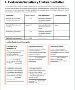 Una rúbrica de evaluación en español en la que se detallan los componentes, las puntuaciones y el análisis cualitativo del rendimiento, con una tabla para la calificación y secciones resaltadas para las propuestas de solución y la participación activa.