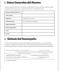 Un formulario de evaluación del alumno en español con secciones para la información general del alumno y el resumen de rendimiento, que incluye campos para el nombre, la clase, la asignatura, el profesor, el centro educativo y áreas de texto para comentarios detallados.