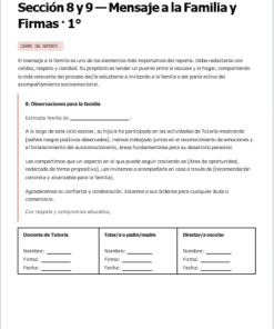 Plantilla de informe en español para observaciones familiares, con secciones para comentarios a la familia y líneas de firma para el profesor, el padre/tutor y el director. El diseño es limpio, con títulos en negro y rosa.