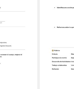 Educación Física 1: Programa Analítico, Planeaciones y Recursos Didácticos 13 Documento de examen de español de dos páginas. La página izquierda incluye instrucciones, preguntas para obtener información de los alumnos y una rúbrica. La página derecha enumera dos tareas: identificar una acción para mejorar el movimiento del grupo y reflexionar sobre lo aprendido.