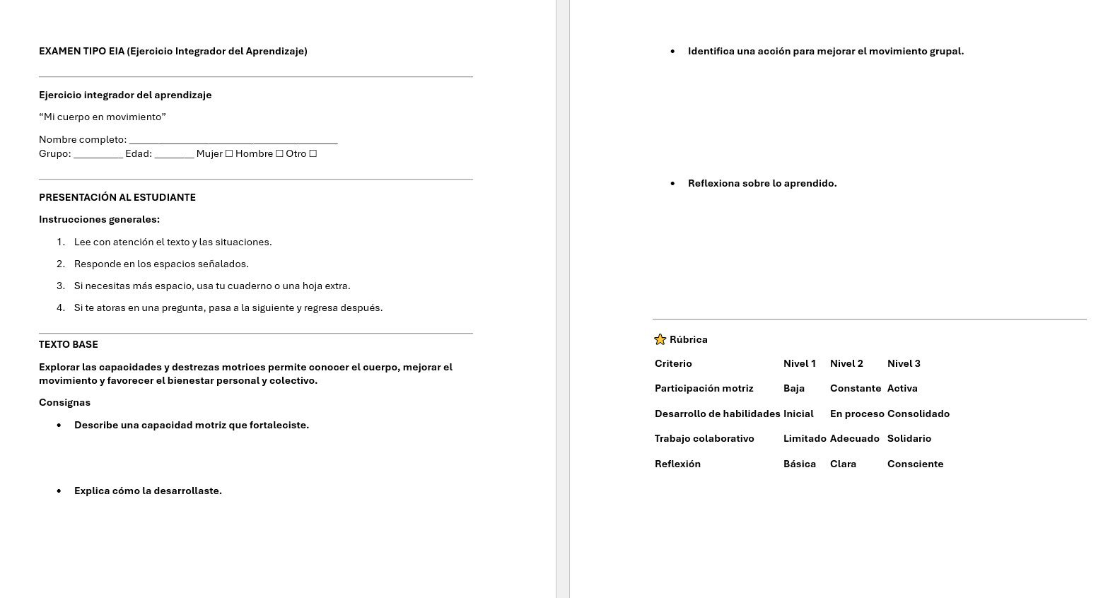 Educación Física 1: Programa Analítico, Planeaciones y Recursos Didácticos 7 Documento de examen de español de dos páginas. La página izquierda incluye instrucciones, preguntas para obtener información de los alumnos y una rúbrica. La página derecha enumera dos tareas: identificar una acción para mejorar el movimiento del grupo y reflexionar sobre lo aprendido.