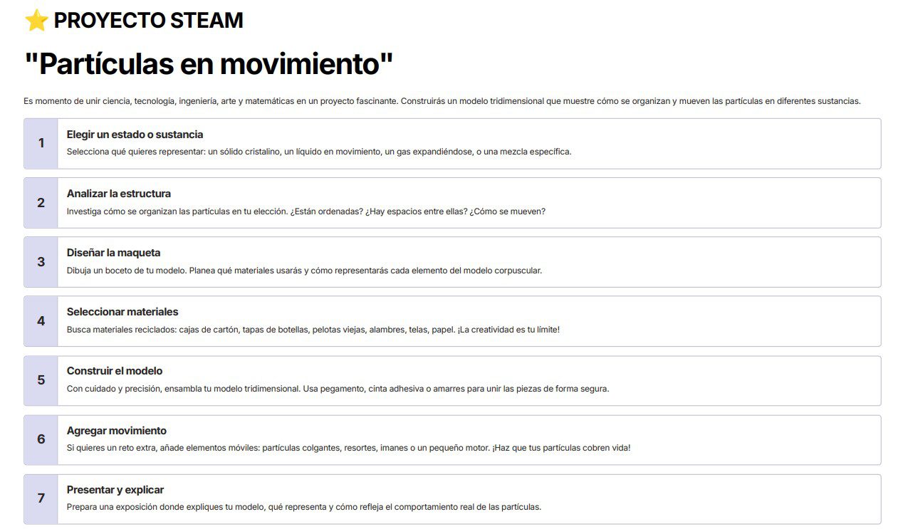 Química 3: Programa Analítico, Planeaciones y Recursos Didácticos 7 Captura de pantalla de una página web titulada "PROYECTO STEAM: 'Partículas en movimiento'", con una lista de siete pasos para un proyecto, incluyendo la elección de un estado, el análisis de la estructura, el diseño de un modelo, la selección de materiales, la construcción, la adición de movimiento y la presentación.
