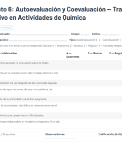 Formulario de autoevaluación y evaluación entre compañeros de una actividad de química colaborativa en español con una tabla en la que se enumeran 8 criterios para puntuar de 4 (excelente) a 1 (necesita mejorar), campos de información para los alumnos y espacio para las puntuaciones totales y finales.
