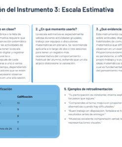 Cuadro explicativo del instrumento Escala estimativa en español, con secciones sobre el uso en el aula, su finalidad, pruebas de apoyo, conversión de calificaciones y ejemplos de retroalimentación. Se utiliza una combinación de colores azul y blanco.