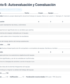 Formulario de autoevaluación y evaluación por pares en español con escalas de valoración del rendimiento en el trabajo en equipo. Tiene secciones para la autoevaluación y la evaluación por los compañeros, criterios, columnas de puntuación y espacios para rellenar el nombre del alumno, el grupo y la calificación final.