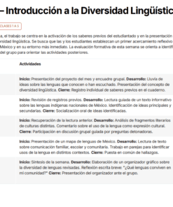 Una tabla resume el plan de clases de una semana sobre diversidad lingüística. Enumera cinco clases, cada una con un tiempo, actividades que incluyen la planificación de proyectos, lecturas, debates y trabajo en grupo, y describe la evaluación formativa de cada sesión.