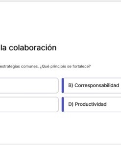 Pregunta tipo test en español sobre la colaboración, en la que se pregunta qué principio se refuerza cuando las academias acuerdan estrategias comunes. Opciones: A) Centralización, B) Corresponsabilidad, C) Neutralidad, D) Productividad.