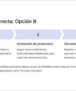 Infografía con tres pasos: 1. Acción inmediata; 2. Activación de protocolos; 3. Documentación. Abajo, texto que explica la importancia de actuar ante agresión escolar y no minimizar los hechos.