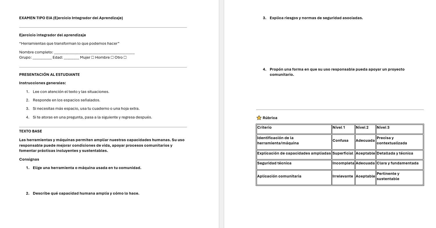 Tecnología 3: Programa Analítico, Planeaciones y Recursos Didácticos 7 Captura de pantalla de una hoja de trabajo en español titulada "Ejercicio Integrador del Aprendizaje" con instrucciones, una rúbrica para el proyecto comunitario, preguntas sobre las capacidades humanas y una tabla con los criterios de evaluación y las puntuaciones.