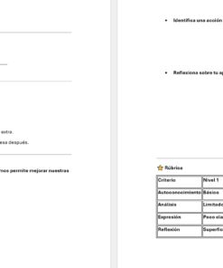 Captura de pantalla de una evaluación en español con instrucciones, una rúbrica y preguntas para los alumnos sobre cualidades personales y convivencia. Hay campos para rellenar con el nombre, el grupo y el sexo, junto con rúbricas y preguntas de reflexión.