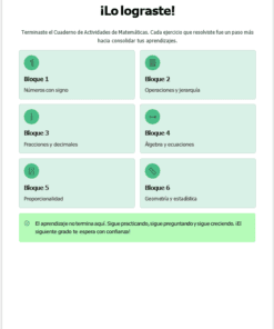 Plan de Atención al Rezago Matemáticas 1° Secundaria (NEM) | Cierre de Ciclo Escolar Mayo-Junio | Editable en Word con Evaluación Final 21 Pantalla de felicitación por completar un cuaderno de actividades de matemáticas. Se muestran seis bloques temáticos y un mensaje de motivación en un recuadro verde en la parte inferior.