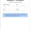 Portada de evaluación final en español para 2º de matemáticas de secundaria. Tiene campos para el nombre del alumno, el grupo, la fecha y el profesor, además de una nota que explica el propósito de la evaluación en un recuadro azul.