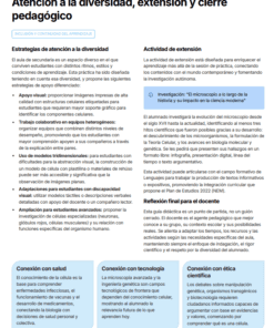 Un documento educativo en español expone estrategias para la diversidad, actividades de ampliación y cierre pedagógico. Incluye secciones sobre apoyo visual, tecnología, salud y reflexión sobre el aprendizaje de los alumnos. Los cuadros de texto azules destacan los puntos clave.