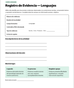 Un formulario de registro de pruebas en español para el aprendizaje de idiomas, con campos para el nombre de la actividad, el tema, el tipo de prueba y la fecha. Incluye secciones para la descripción de la actividad, las observaciones del profesor y los niveles de logro.