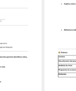 Captura de pantalla de una tarea escolar en español. Incluye instrucciones para un proyecto, una rúbrica con criterios de evaluación, secciones para las aportaciones de los alumnos e indicaciones sobre la consecución de objetivos y la reflexión sobre el aprendizaje.