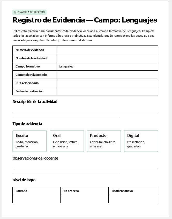 Kit Cierre de Ciclo 5° Primaria NEM | Planeación, Actividades, Evaluación y Evidencias Editable (Word) 7 Registro de evidencia para Lenguajes en formato de plantilla. Incluye secciones para nombre de la actividad, campo formativo, contenido, fecha, descripción, tipo de evidencia (escrita, oral, producto, digital) y observaciones.