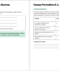 Modelo de informe escolar en español de dos páginas. En la página izquierda se piden los datos del alumno, como el nombre, la edad, el profesor, el período de evaluación y la información del grupo. La página derecha enumera las destrezas lingüísticas con casillas de verificación de logros y espacio para comentarios del profesor.