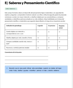 Tabla en la que se describen los indicadores de aprendizaje de las primeras habilidades matemáticas, con columnas para los niveles de logro. El texto destaca la importancia de reconocer objetos, cantidades y patrones. Una nota resaltada sugiere actividades prácticas en casa.