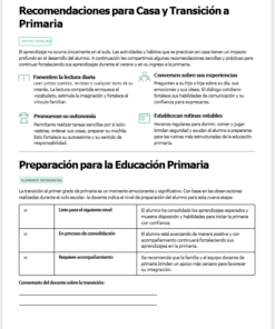 Guía educativa en español con recomendaciones para apoyar la transición de los niños a la escuela primaria. Las secciones incluyen consejos para las familias sobre la lectura, la discusión de experiencias, la autonomía, las rutinas y la preparación para la educación primaria.