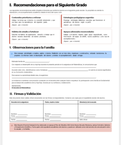Una página de informe escolar en español con secciones sobre recomendaciones de calificaciones, observaciones de la familia y campos de firma. Las áreas clave a reforzar y las estrategias de enseñanza se destacan en recuadros de color.