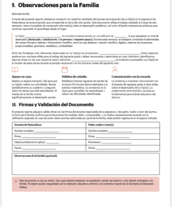 Informe en español para las familias sobre la evaluación de los alumnos en matemáticas. Explica los propósitos de la evaluación, la comunicación, el apoyo de los padres, los hábitos de estudio y la retroalimentación. Se pueden ver varias casillas de verificación y secciones de texto.