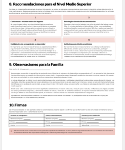 Captura de pantalla de un documento educativo español que muestra recomendaciones para el nivel secundario superior, observaciones de la familia e información de confirmación. Las secciones están divididas en títulos numerados con texto, recuadros resaltados y listas de comprobación para las firmas de las familias.