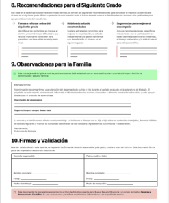 Un formulario de informe escolar en español con secciones para recomendaciones, observaciones de la familia y firmas. Incluye espacios para rellenar los puntos fuertes académicos, hábitos de estudio, mensajes de la familia y campos de firma para confirmación.