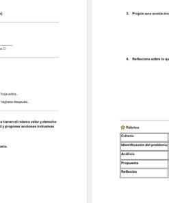 Integración Curricular 1: Programa Analítico, Planeaciones y Recursos Didácticos 13 Examen en español de dos páginas con secciones para la información del alumno, instrucciones, un pasaje de lectura sobre la inclusión y cuatro preguntas sobre el análisis y la propuesta de acciones inclusivas. En la parte inferior derecha aparece una tabla de rúbricas para la evaluación.