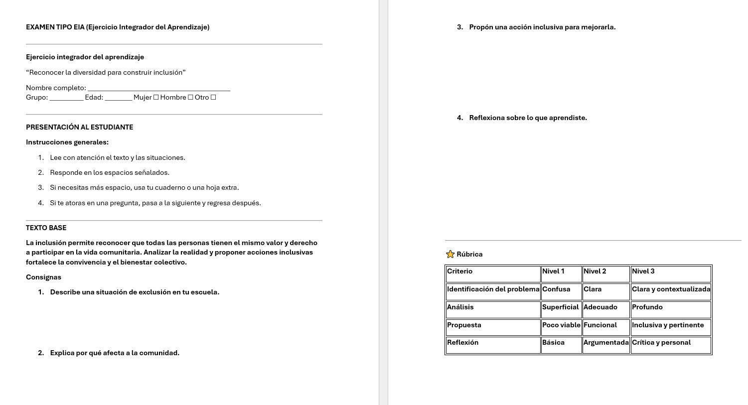Integración Curricular 1: Programa Analítico, Planeaciones y Recursos Didácticos 7 Examen en español de dos páginas con secciones para la información del alumno, instrucciones, un pasaje de lectura sobre la inclusión y cuatro preguntas sobre el análisis y la propuesta de acciones inclusivas. En la parte inferior derecha aparece una tabla de rúbricas para la evaluación.