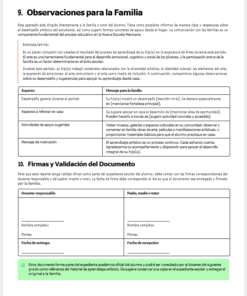 Documento escolar español con apartados para observaciones familiares, firmas del profesor y la familia, y validación. Incluye tablas con aspectos a comentar y destaca la importancia de la comunicación familia-docente.