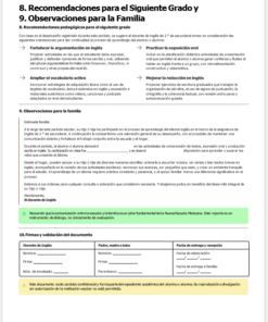 Documento educativo en español con recomendaciones para las familias, que incluye consejos para apoyar el aprendizaje de los alumnos, reforzar sus conocimientos de inglés y observar su progreso académico. El texto está organizado en secciones y recuadros.