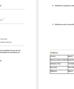 Un examen en español de dos páginas muestra las instrucciones, un texto sobre la diversidad cultural, cuatro preguntas para que los alumnos respondan y una rúbrica con tres criterios de evaluación y niveles de logro.