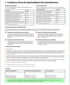 Una página de informe en español con secciones tituladas, tablas y casillas de verificación. Las secciones incluyen puntos fuertes, áreas de oportunidad, recomendaciones, observaciones de la familia y firmas. El texto y las tablas están organizados para evaluar a un alumno.