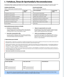 Un formulario educativo en español con secciones para puntos fuertes, áreas de mejora, recomendaciones, observaciones y firmas de validación, diseñado para registrar el rendimiento de los alumnos y sugerencias para familias y profesores.