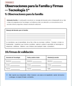 Documento escolar en español para la clase de Tecnología de primer curso con secciones para comentarios del profesor, firmas de los padres y una tabla de validación. En la parte inferior hay casillas para mensajes y firmas.