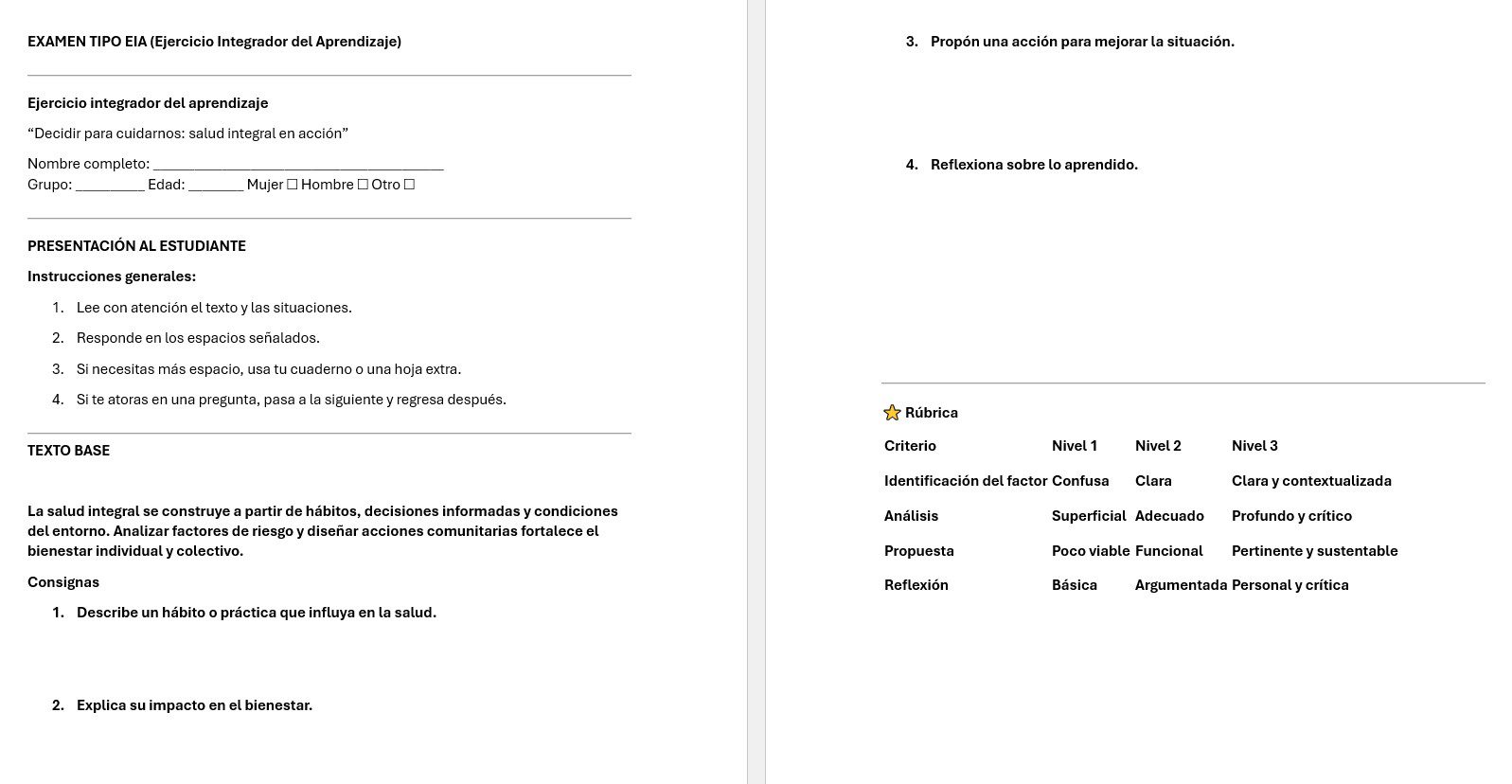 Integración Curricular 3: Programa Analítico, Planeaciones y Recursos Didácticos 7 Captura de pantalla de un examen en español sobre salud y bienestar. Incluye instrucciones para el alumno, un texto de estudio de caso, preguntas de análisis y mejora, y una rúbrica para evaluar la claridad, el análisis, las propuestas y la reflexión.