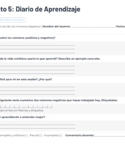 Una hoja de trabajo de diario de aprendizaje en español con preguntas sobre números positivos y negativos, un espacio para el nombre del alumno y la fecha, y secciones para la evaluación del profesor y comentarios en la parte inferior.
