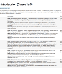 Tabla que resume las actividades de la semana 1 para la enseñanza de fracciones y decimales en español. Las columnas incluyen el número de clase, la hora, la descripción de las actividades de aprendizaje y las estrategias de evaluación formativa. El texto es negro sobre fondo blanco.