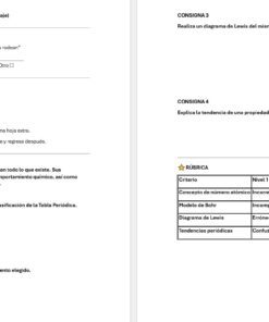 Química 3: Programa Analítico, Planeaciones y Recursos Didácticos 15 Captura de pantalla de un examen en español de dos páginas con instrucciones sobre la tabla periódica, modelos atómicos y diagramas de Lewis. La página de la derecha incluye una tabla de rúbricas para calificar los niveles de comprensión.