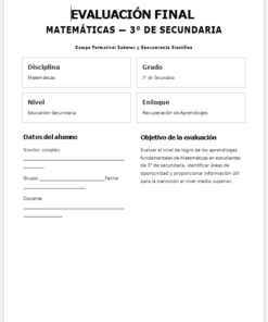Formulario de evaluación final de matemáticas en español para alumnos de 3º de secundaria. Incluye campos para asignatura, curso, nivel, enfoque, datos del alumno y objetivos de la evaluación, con casillas para información escrita a mano.