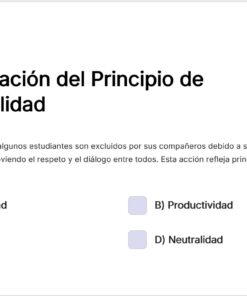 Pregunta de opción múltiple en español sobre la interculturalidad. El escenario describe a estudiantes excluidos por diferencias culturales, y pregunta qué principio se demuestra: A) Interculturalidad, B) Productividad, C) Competencia o D) Neutralidad.